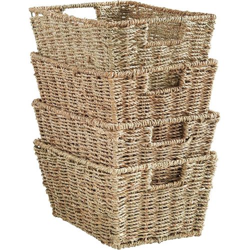 Lot De 4 Paniers De Rangement En Jonc De Mer Tressés À La Mainpaniers Tressés Avec Poignée - Paniers Tressés De Rangement Emboîtablespour Salle De Bains, Chambre, Bureau, Étagères