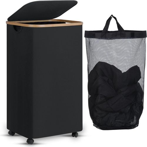 KAL-Panier À Linge Sur Roues 100L, Panier À Linge Étroit Avec Couvercle, Panier À Linge Pliable Avec Poignées En Bambou Et Sac Amovible Pour La Chambre, La Salle De Bain, La Buanderie