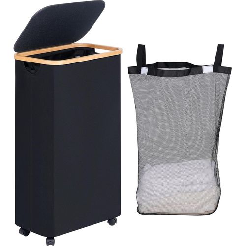 KAL-Panier À Linge Sur Roues 75L, Panier À Linge Étroit Avec Couvercle, Panier À Linge Pliable Avec Poignées En Bambou Et Sac Amovible Pour La Chambre, La Salle De Bain, La Buanderie