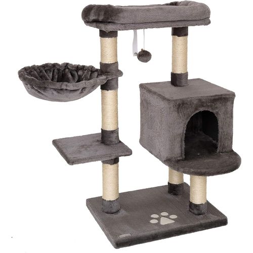 Loc-Arbre À Chat Avec Balle En Peluche Avec Grelot Et Fixation Murale,Hauteur 93cm,Arbre Avec Sisal Et Peluche,Surface De Repos Et Niches Confortables,Pour Petits Et Grands Chats,Gris Foncé