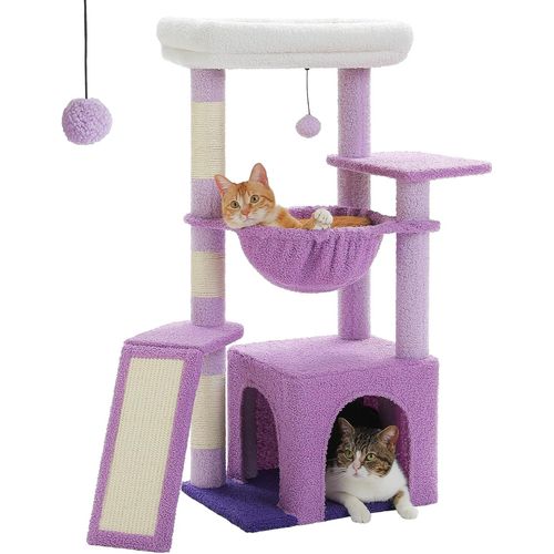 Arbre À Chat D'intérieur Avec Grand Niche, 1 Planche En Sisal, 3 Griffoirs, Tour À Chat Avec Grand Hamac Et Perchoir 90 Cm Rose