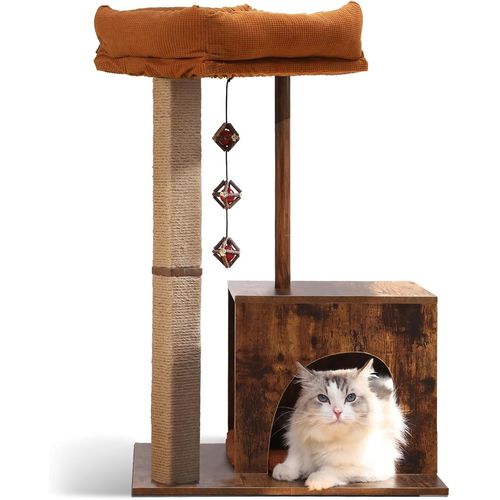 Arbre À Chat, 76 Cm Arbre À Chat Rétro Avec Poteau Carré Unique, Tour À Chat En Bois Avec Boules En Argent, Griffoir Moderne Pour Chats D'intérieur