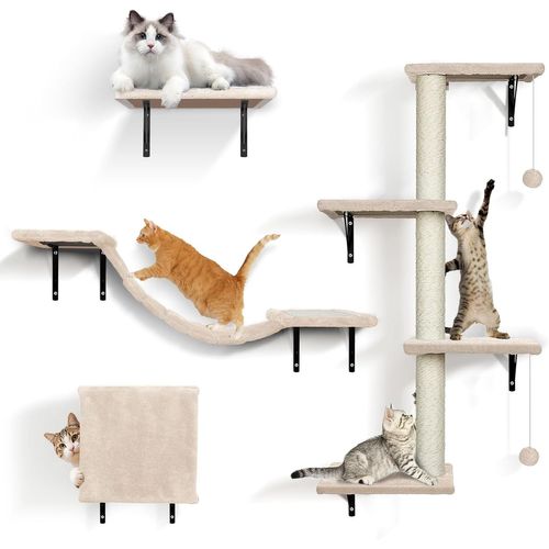 ¿¿Tag¿¿Res Murales Pour Chat, D'escalade Pour Chat Avec Balle, Mural Stable, Arbre ¿¿ 4 En 1 Avec Griffoir, Pont, Lit Et Perchoir, Jaunatre