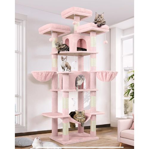 Arbre À Chat Grand Rose, Arbres A Chats Xxl Hauteur 204 Cm Avec 3 Perchoirs Rembourrés, 2 Niches, 2 Paniers, Hamac Souple, Tour De Chat Stable Pour Grands Chats Repos Jeu (F80, Rose)