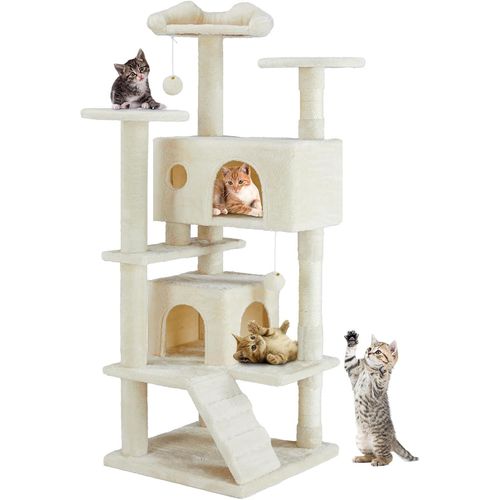Arbre ¿¿ Chat, Stable, Hauteur : 135 Cm, Meuble Pour Chat ¿¿ Plusieurs ¿¿Tages, Griffoirs, Plateformes, Grottes, Balles En Peluche, Gris Fonc¿¿ Moderne