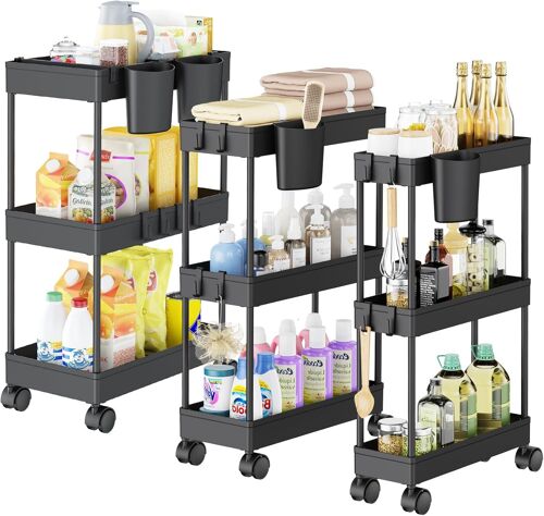 Lot de 3 Chariot de Rangement à 3 Niveaux à roulettes avec avec Crochets et suspendues Amovibles pour Salon/Salle de Bain/Salle de Bain/Buanderie/Cuisine/Bureau (Noir)