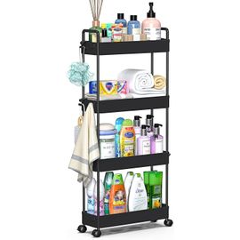 Chariot de Rangement à 4 étagères Coulissant et Coulissant Chariot de Rangement Mobile pour Cuisine, Salle de Bain, buanderie, Chambre, Espace étroit, Plastique, Blanc