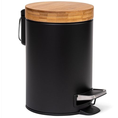 KAL-® Poubelle De Salle De Bain Design 3 Litres - Bambou Supérieur | Fermeture Souple | Anti-Trace | Noir