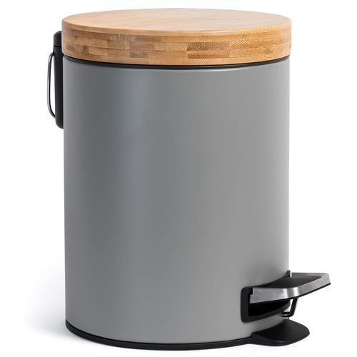 KAL-® Poubelle De Salle De Bain Design 5 Litres - Bambou Supérieur | Fermeture Souple | Anti-Trace | Gris