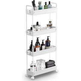 Chariot de Rangement à 4 étagères Coulissant et Coulissant Chariot de Rangement Mobile pour Cuisine, Salle de Bain, buanderie, Chambre, Espace étroit, Plastique, Blanc