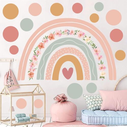Sticker Mural Arc-En-Ciel Boho À Pois Sticker Mural Fleurs Roses Sticker Mural Pour Bébé Filles Chambre Enfants Pépinière Maison Décoration Murale