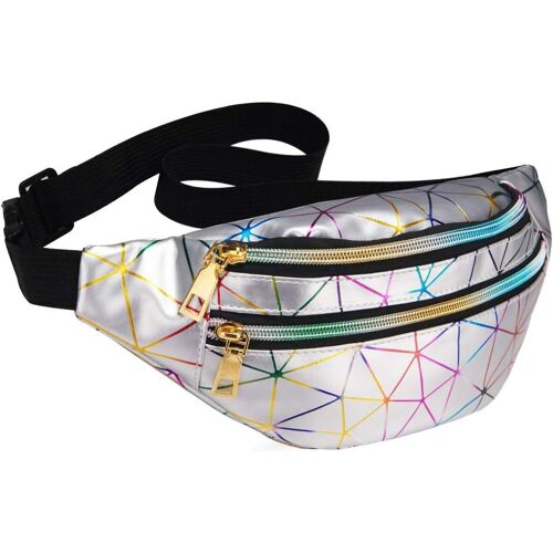 Sac Banane Unisexe à Effet Holographique Sac Ville Etanche Multi-Poches Sacoche de Ceinture en PU Sac de Voyage Brillant pour Loisir ou Randonnée Argenté