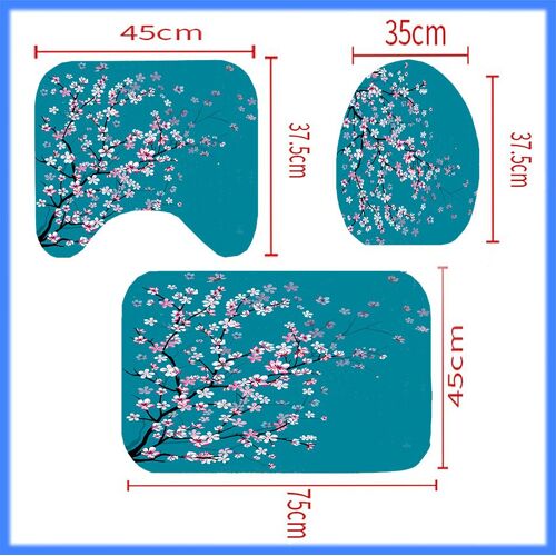 Rideau de douche, motif fleurs de cerisier, ensemble de décoration de salle de bain en tissu 180 cm x 180 cm, bleu pétrole pâle et rose, tapis de douche antidérapant, lot de quatre