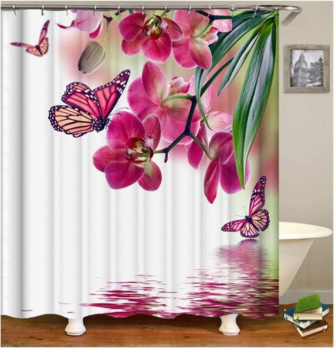 Rideau Douche Polyester Fleurs et Papillons Rideau Douche Blanc Rose Rideau de Baignoire 90x180CM