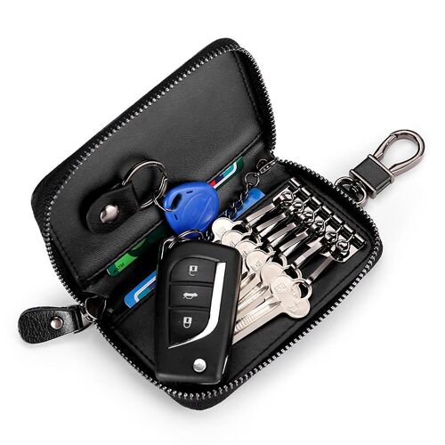 étui à clé de voiture en cuir véritable, étui à clé de voiture à distance pochette en cuir véritable pour hommes étui à clé de voiture à glissière (noir)