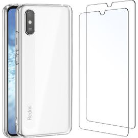 Coque Pour Xiaomi Redmi 9A Haute Transparente Silicone En Gel Tpu Souple Et 2 × Verre Trempé Film Protection Écran Pour Xiaomi Redmi 9A