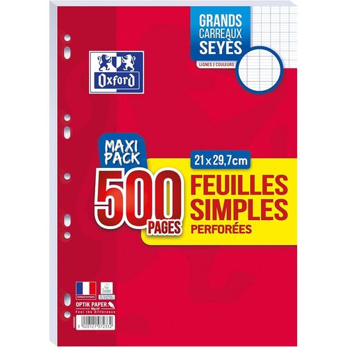 Lot De 500 Pages Feuilles Simples Perforees A4 (21 X 29, 7cm) 90g Grands Carreaux Seyes - Maxi Pack[Z143]
