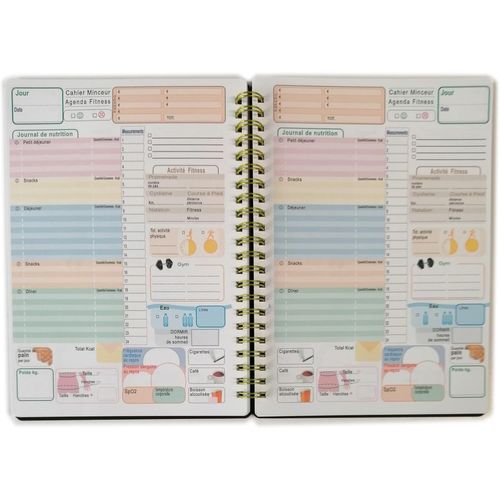 F Agenda Dieta Fitness Planner A5 14,5 X 20,5 Cm - 50 Feuilles (100 Jours) - Avec Spirale Métallique - Couverture Noire