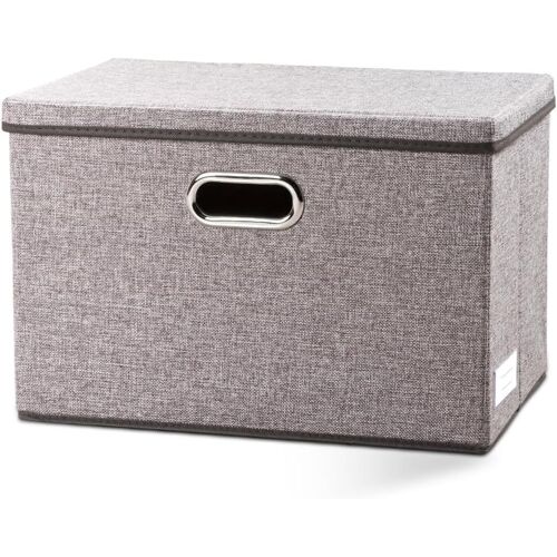Jexnovashop-Grande Boîte De Rangement Pliable Avec Couvercle,Lot De 1 Bac De Rangement De Lin Décorative, Panier Cube Avec Poignées,Gris(43x30x30cm)