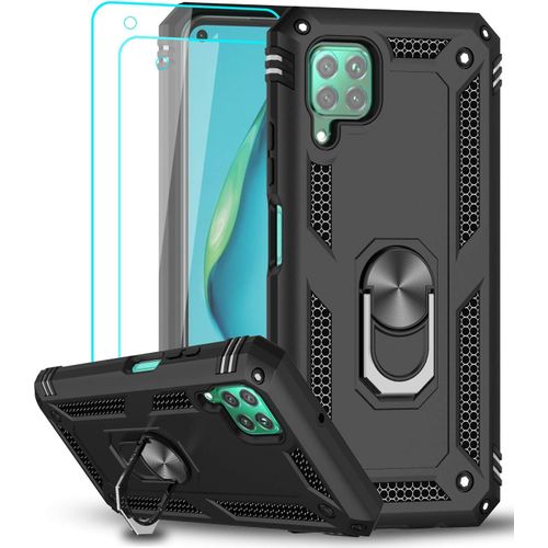 JGD-Coque pour Huawei P40 Lite avec [2 Pièces] Verre Trempé, Anneau Support Militaire Anti-Chute Renforcée Défense Bumper Antichoc TPU et PC Rigide Housse Etui Protection Noir