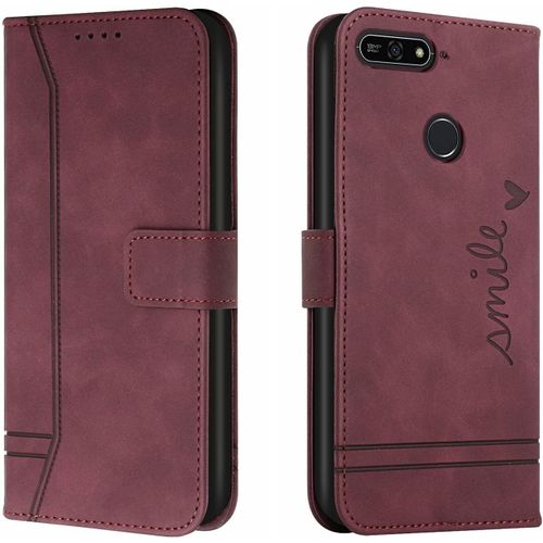 Coque Pour Huawei Y6 2018 / Y6 Prime 2018 / Honor 7a / Honor 7a Pro,Etui Cuir Avec Magnetique,Flip Pochette Housse Pour Huawei Y6 2018 Protection,Vin Rouge