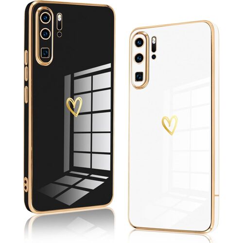 KALANKA-2 Packs Coque pour Huawei P30 Pro, Ultra Fine Souple TPU Silicone Antichoc Housse Étui de Téléphone avec Motif Coeur et Bordure Dorée Case Protection pour Fille, Noir et Blanc