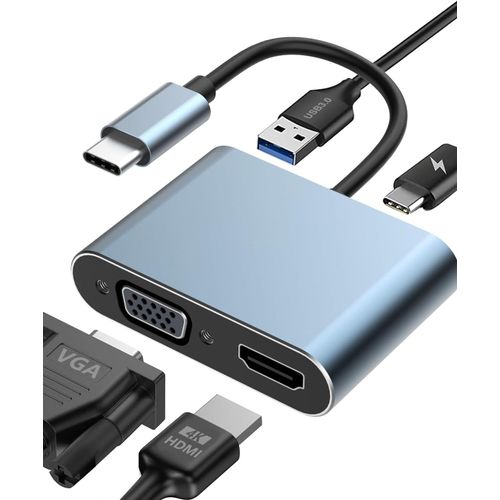 APT-Adaptateur USB C vers HDMI VGA, 4 en 1 Adaptateur HDMI VGA avec 4K HDMI, Adaptateur Multiport Thunderbolt 3 vers HDMI VGA, PD 100W, USB 3.0 pou MacBook/MacBook Pro/Air, Chromebook, Dell, HDTV