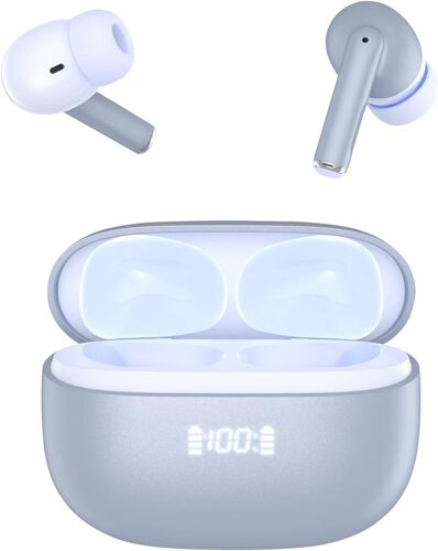 KAL-Casque Bluetooth, Tws, Écouteurs Bluetooth 5.1 Stéréo Hifi, Anc/Enc Annulation Du Bruit Casque Sans Fil, 30 Heures, Écran Tactile Avec Égaliseur, Dans L'Oreille Casque S/F, Ip7 Imper, Blanc (Bleu