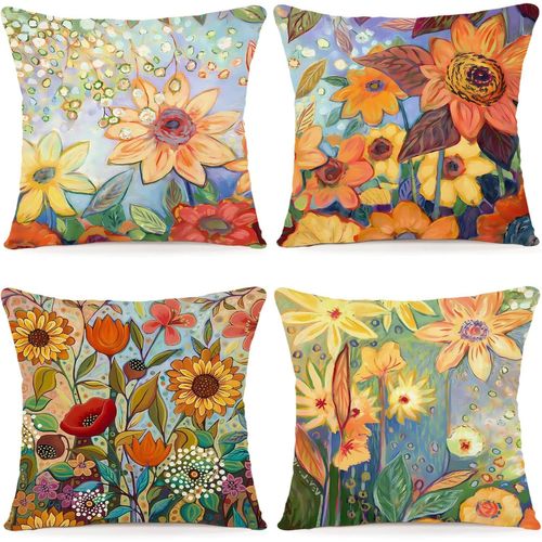 Slep-Lot De 4 Housse Coussin 50x50 Florale Peinture À L'aquarelle Housses De Coussin Décoratives En Coton Lin Taie Oreiller De Canapé Housse De Coussincarré Pour Lit Voiture De La Maison Canapé