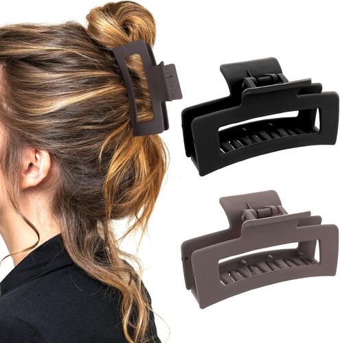 Kalanka-Lot De 2 Pinces À Cheveux Carrées De 8.5 Cm Pinces À Cheveux Mates Antidérapantes Tendance Forte Tenue Accessoires De Coiffure Pour Femmes Et Filles (1 Noir + 1 Marron) 