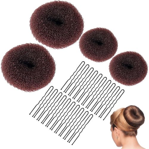 Loc-Donuts Chignons Épingle À Cheveux,Machine À Chignon 4 Pièces,Ensemble En Forme D'anneau,Avec 20 Pinces En Forme De U,Accessoires De Coiffure Pour Kids Filles Femmes(Marron) 