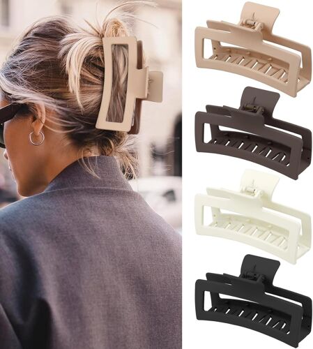 Kalanka-Grosse Pince Cheveux Femme, 13cm Pince A Cheveux Femme Antidérapante Grande Pinces À Cheveux Pour Femmes Epais Hair Clip (Beige, Marron Clair, Marron Foncé, Noir) 