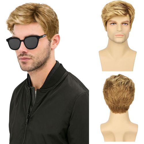 Loc-Blond Courte Perruque Pour Homme,Postiche Naturelle Moelleuse,Noir Couche Vague Perruques Pour Hommes Avec Frange Disco Perruque Punk Rock Halloween Cosplay Costume De Fête Quotidien (Blond)