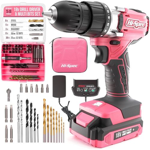 Perceuse Visseuse sans Fil 18V Rose, Multifonction, Batterie Li-Ion, 58 Accessoires pour Bois et Métal, Kit Bricolage Complet pour Entretien Domestique