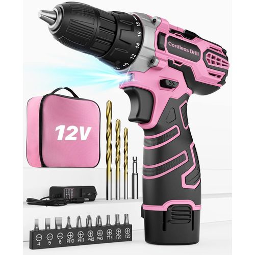 Perceuse Visseuse Sans Fil 12V Rose, Visseuse Devisseuse, Sac de Rangement, 15 Accessoires et Batterie, 25Nm, 18+1 Réglages de Couple, 2 Vitesse, Rose, pour la Bricolage