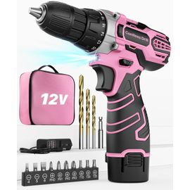 Perceuse Visseuse Sans Fil 12V Rose, Visseuse Devisseuse, Sac de Rangement, 15 Accessoires et Batterie, 25Nm, 18+1 Réglages de Couple, 2 Vitesse, Rose, pour la Bricolage