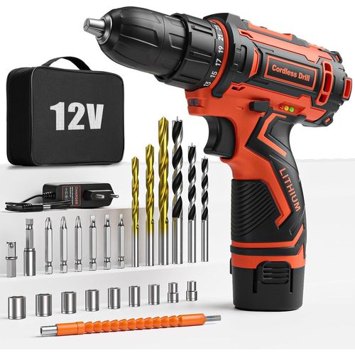 Perceuse Visseuse Sans Fil 12V Rose, Visseuse Devisseuse, Sac de Rangement, 15 Accessoires et Batterie, 25Nm, 18+1 Réglages de Couple, 2 Vitesse, Rose, pour la Bricolage