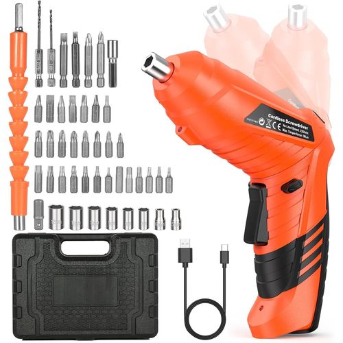 Petite visseuse électrique sans fil-3,6 V-Avec batterie-Pliable à 90°-Avec 47 accessoires-2 sens de rotation-Lumière LED-Mallette-Câble de charge USB