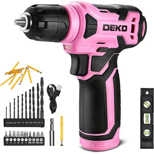 Perceuse Visseuse Sans Fil 12 V - DEKO PRO Visseuse Devisseuse Sans Fil Rose avec Coffret Cadeau pour Femme, Accessoires 13 Pièces, Perceuse électrique pour Percer et Serrer/Desserrer Les Vis