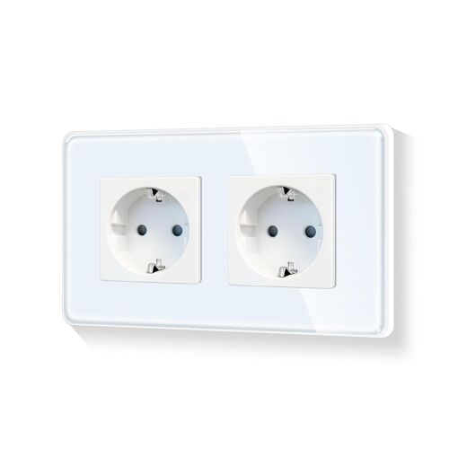 Schuko Double prise murale ronde encastrée 2 prises avec cadre en verre 16 A 110-250 V 157 mm Blanc