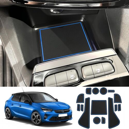 Tapis Anti-Dérapants Compatible Avec Opel Corsa F 2020-2024 (Frein Manuel),Opel Corsa Tapis En Caoutchouc Pour Accoudoir,Console Centrale,Porte-Gobelet,Rainure De Porte (Bleu)