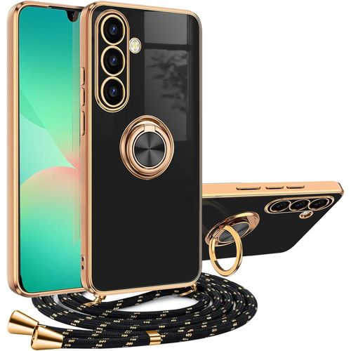 Sskal-Coque Pour Samsung Galaxy A26 Avec Cordon Housse Avce Anneau Silicone Galvanisée Antichoc De Collier Chaîne Lanyard Case Téléphone Souple Case Avec Support Anti-Rayure,Noir
