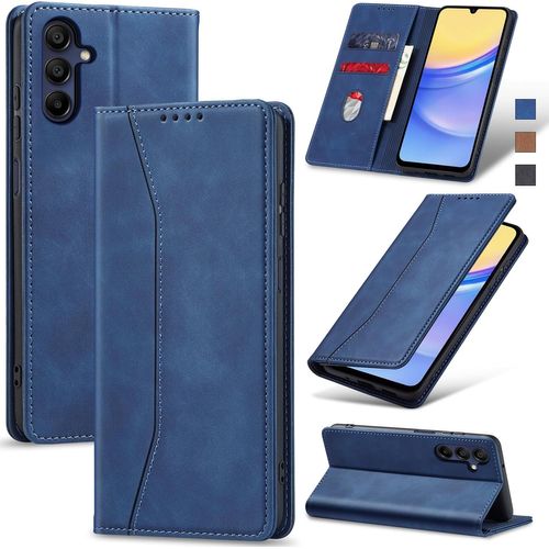 TRAHOO-Coque pour Samsung Galaxy A15, Housse Etui en Cuir PU Portefeuille [Antichoc] [Magnétique] [Porte Cartes] [Stand Fonction] Flip Coque (Bleu)