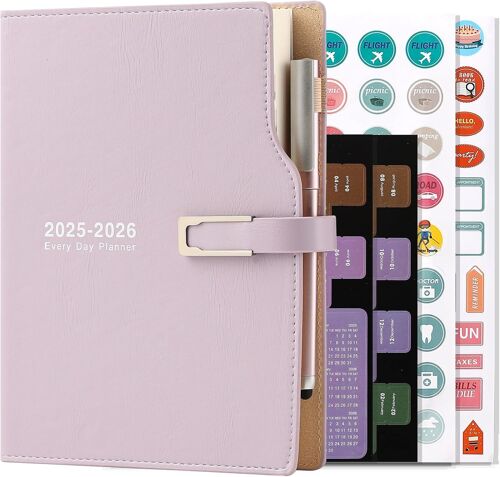 Agenda Académique 2025-2026 - Format A5 - Un Jour Par Page - De Juillet 2025 À Juin 2026 - Agenda Avec Autocollants - Avec Porte-Stylo Et Stylo - Papier Épais De Qualité Supérieure - 14 X 21,5 Cm -