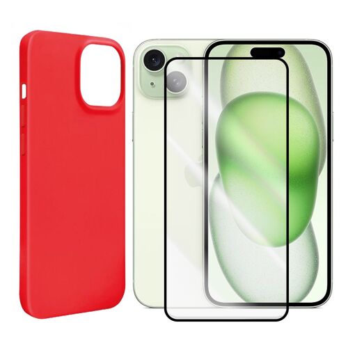 Coque De Protection Souple Silicone Rouge + Verre Trempé Avec Bords Noir Pour Iphone 15 Plus 6.7"