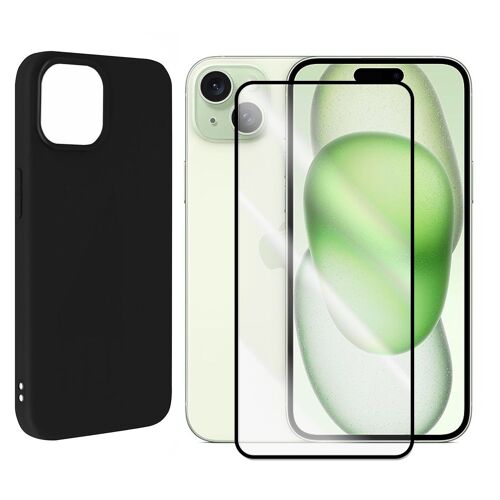 Coque De Protection Souple Silicone Noir + Verre Trempé Avec Bords Noir Pour Iphone 15 Plus 6.7"
