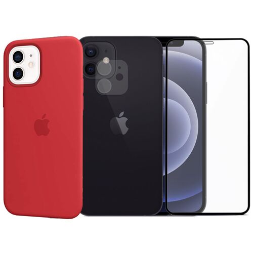 Protection Intégrale Verre Trempé Avec Bords Noir Iphone 12 + Verre Trempé Caméra Arrière+Coque Souple Silicone Rouge-Visiodirect-