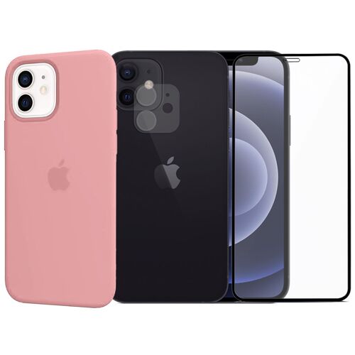 Protection Intégrale Verre Trempé Avec Bords Noir Iphone 12+Verre Trempé Caméra Arrière+Coque Souple Silicone Rose Clair-Visiodirect-