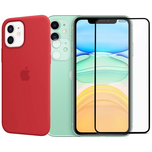 Protection Intégrale Verre Trempé Avec Bords Noir Pour Iphone 11+Verre Trempé Caméra Arrière+Coque Souple Silicone Rouge-Visiodirect-
