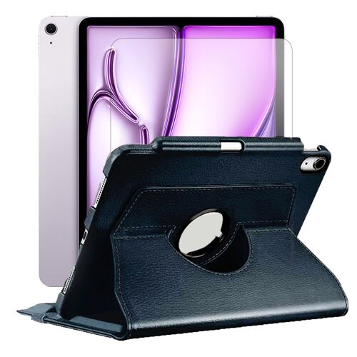 Verre trempé + Coque rotatif en simili cuir pour iPad Air 13"" 2024 A2903 A2904 - Noir - Visiodirect -